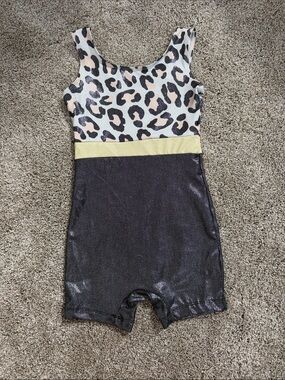 Girls Leopard Print and Metallic Black Dance Romper with Yellow Waistband